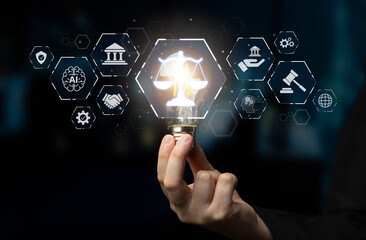 Futuristic digital law interface displaying justice scale, highlighting digital law, AI compliance,...