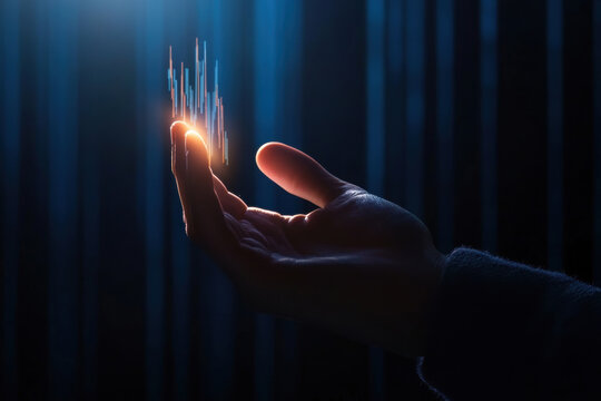 Hand holding financial growth chart with upward arrows. represents business growth, investment, and financial success in a modern, digital style.