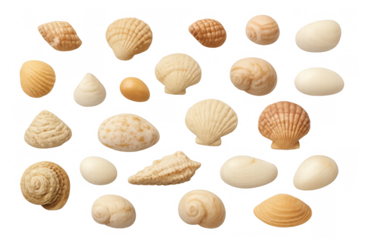 Seashells collection showing various types of marine mollusk shells on a transparent background for ocean themes