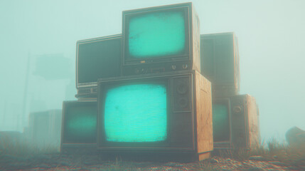 Foggy Retro TV Stack with Green Screen Monitors – Vintage Television Mockup in Misty Atmosphere