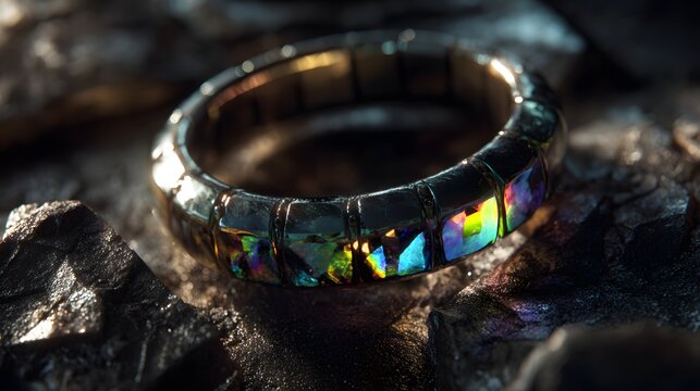 An enchanted iridescent bismuth crystal ring glowing with rainbow colors on a dark textured background. - Powered by Adobe