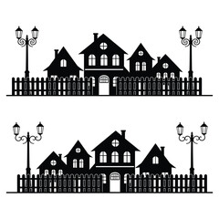 Silhouette of two rows of village houses with fences and street lamps on a Christmas white background architecture