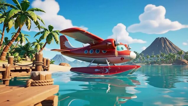 Vibrant cartoon seaplane on a tropical island beach with palm trees and a volcano, ready for exotic adventure.