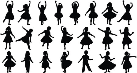 Collection of little girl silhouettes dancing and twirling in dresses isolated on white background vector.