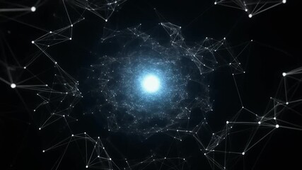 Futuristic digital plexus of interconnected nodes and lines forming a swirling tunnel towards a bright light source in deep space - Powered by Adobe