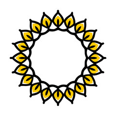 Black and yellow stylized floral or sunburst circular frame design isolated on