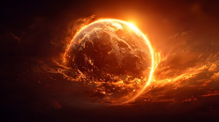 Apocalyptic vision of a burning planet exploding in outer space.