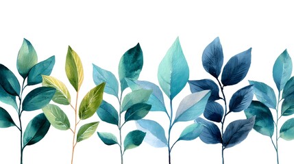 Artistic watercolor painting of green and blue leaves creating a seamless border.