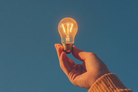 Hand holding a glowing light bulb against a clear blue sky. A hand cradles a lit incandescent bulb, symbolizing ideas, innovation, and creative thinking.