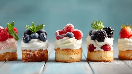 Assortment of fresh berry shortcakes with cream and mint garnish.