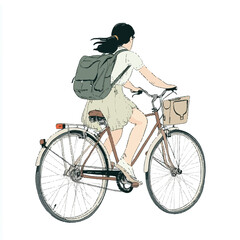 Naklejka premium Girl riding bicycle with backpack