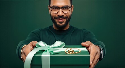 Smiling man presenting a beautifully wrapped green gift box with a ribbon, showcasing a thoughtful gesture for Valentine's Day, celebrating love and connection with vibrant colors