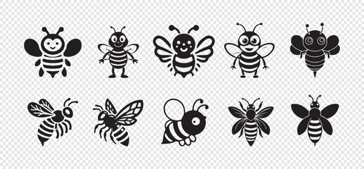 Set of black cute cartoon bee character isolated on transparent background vector illustration
