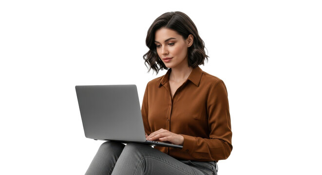 Focused professional woman using laptop for remote work and productivity in modern attire with a neutral expression