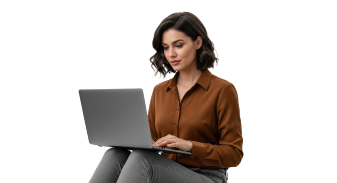 Focused professional woman using laptop for remote work and productivity in modern attire with a neutral expression