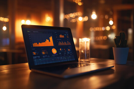 Laptop displaying financial data on a table in a cozy, dimly lit setting. A laptop sits open on a table, showcasing charts and graphs, with a glass of water and a cactus nearby. - Powered by Adobe