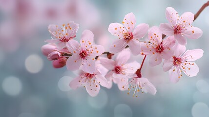 Beautiful pink cherry blossoms blooming on a branch in early spring.