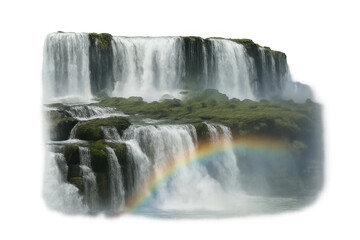 Naklejka premium Iguazu falls waterfall with rainbow over cascades and lush green vegetation showing natural beauty, transparent background