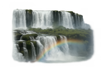 Iguazu falls waterfall with rainbow over cascades and lush green vegetation showing natural beauty, transparent background