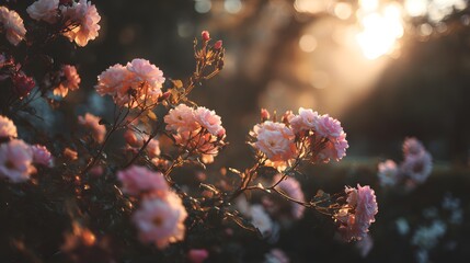Beautiful pink roses blooming in a garden with golden sunset light.