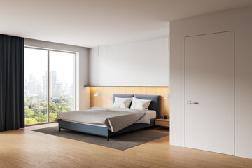 Modern minimalist bedroom interior with city view and natural lighting, featuring wood accents and clean design elements. 3D Rendering. 3D Rendering