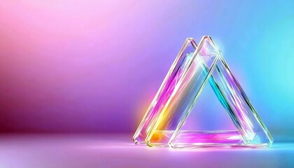 A clear geometric prism, composed of intersecting triangular shapes, is illuminated by vibrant, multi-colored light, casting colorful reflections on a smooth, g
