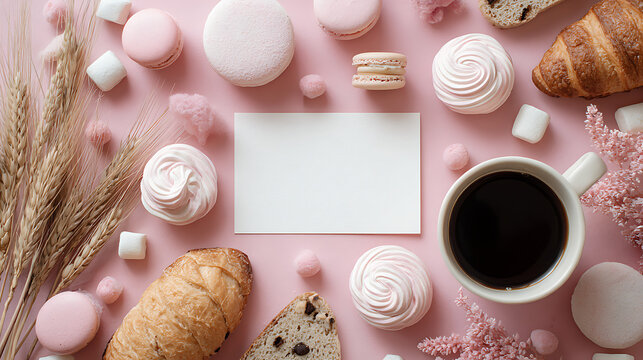 Delicate baked treats and coffee arranged on pink baked goods macarons