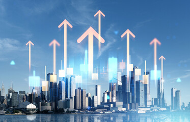 Hudson Yards skyline with rising arrows and financial charts symbolizing economic growth over New York City waterfront background concept..