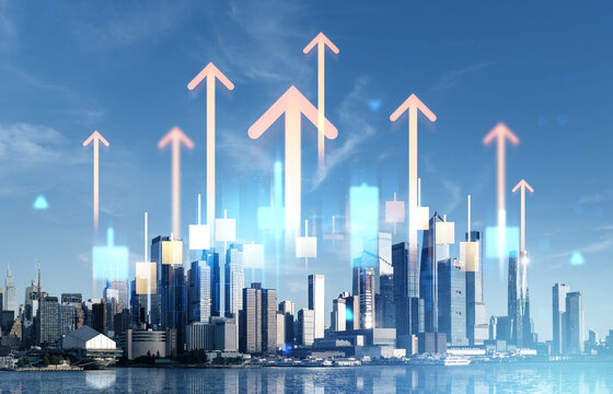 Hudson Yards skyline with rising arrows and financial charts symbolizing economic growth over New York City waterfront background concept.. - Powered by Adobe