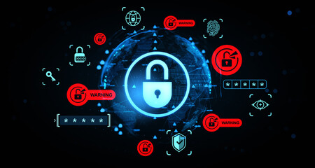 Obraz premium Cybersecurity breach warning concept with glowing padlock surrounded by digital alert icons and password symbols on blurred dark tech background. 3D Rendering