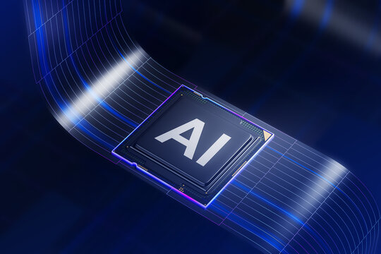 Futuristic AI processor chip embedded in circuit with glowing lines on dark blue digital background representing artificial intelligence concept. 3D Rendering