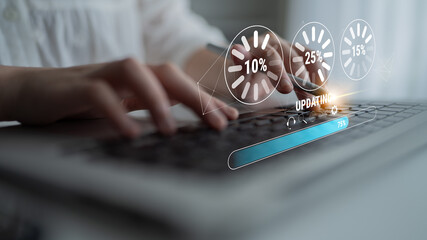 A concept of a system update and software installation. A progress bar and loading icons showing the update percentage and status. Motif
