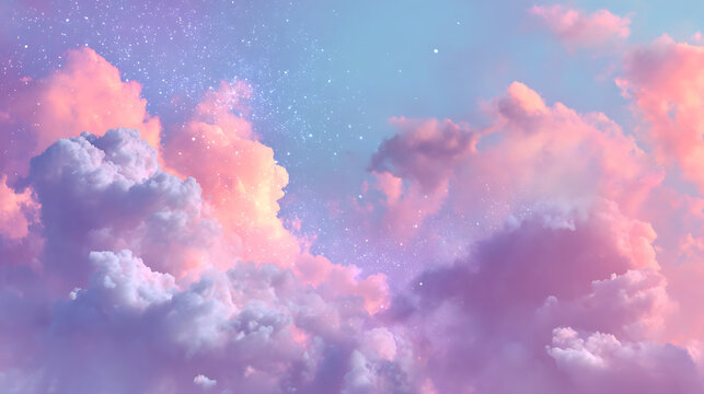 Dreamy pastel clouds with sparkling stars in a soft sky pink purple
