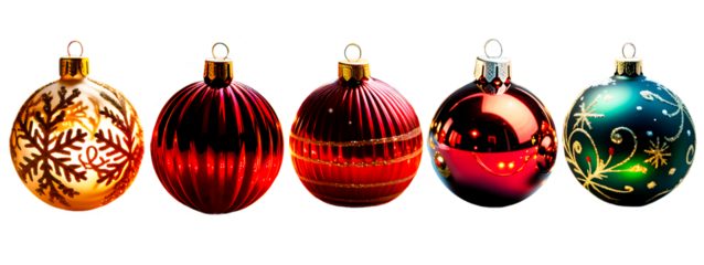 A row of various Christmas toys on a white background. Created using artificial intelligence