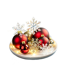 Various Christmas toys on a plate on a white background. Created with artificial intelligence.