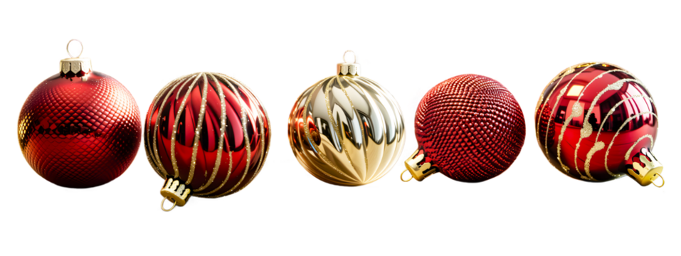 A row of various Christmas toys on a white background. Created using artificial intelligence