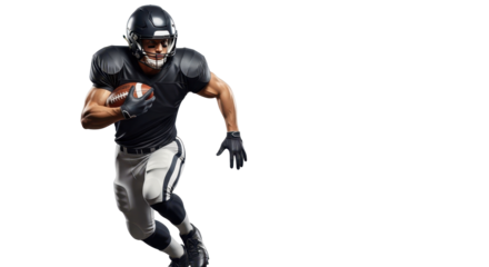 Intense football player sprints with determination holding ball ready for action on field wearing helmet and gloves