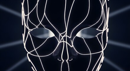 Abstract futuristic portrait of an AI entity with a glowing wireframe face, representing technology, cyberspace, and digital identity