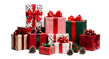 Various New Year gifts are visible, isolated on a white background