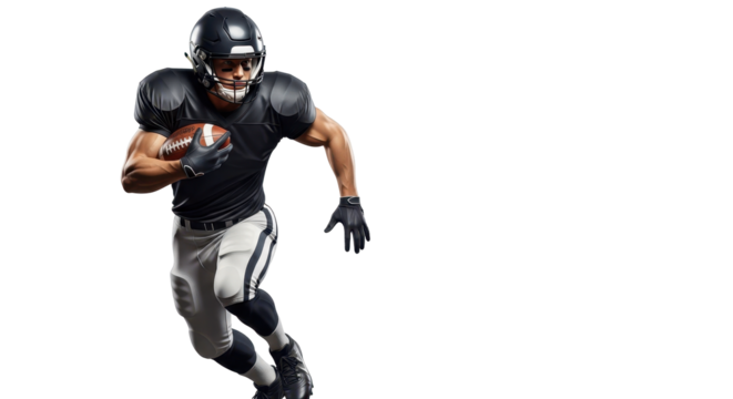 Intense football player sprints with determination holding ball ready for action on field wearing helmet and gloves