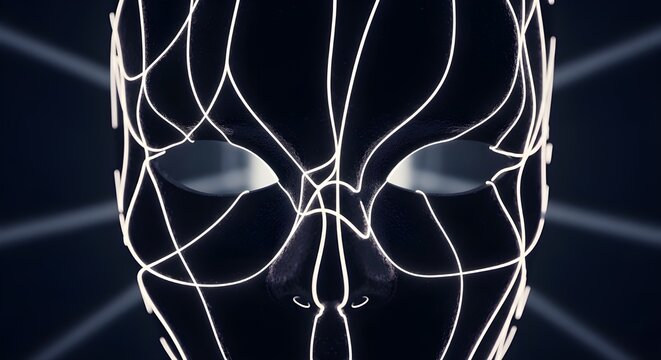 Abstract futuristic portrait of an AI entity with a glowing wireframe face, representing technology, cyberspace, and digital identity