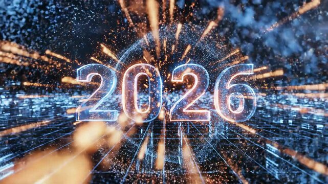2026 digital future vision with abstract light streaks and particle explosion - Powered by Adobe