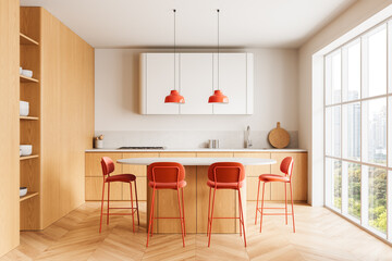 Obraz premium Modern kitchen interior with red bar stools and pendant lighting in bright minimalist space with wood accents and panoramic city view window. 3D Rendering