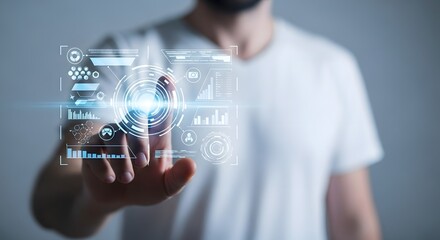 Man interacting with futuristic holographic interface technology for data visualization