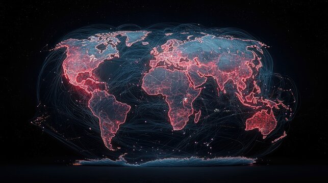A digital representation of the Earth's continents outlined in glowing red and blue lights, with interconnected lines suggesting global network connections agai