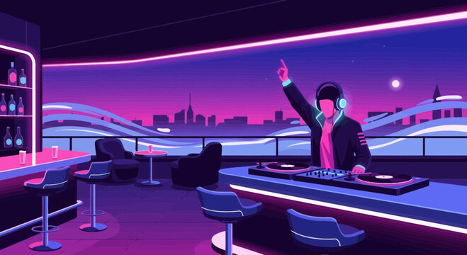 Nightclub DJ mixes music at a neon lit bar with a cityscape in the background