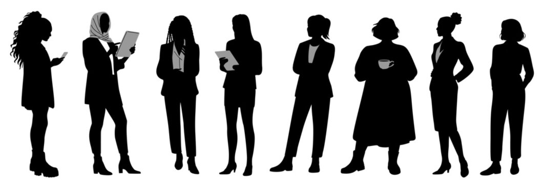 Silhouette of diverse business women standing in various poses, using phones and tablets. Professional female figures in modern office attire. Vector illustration isolated on transparent background