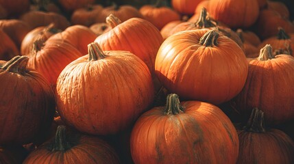 Bountiful harvest of bright orange pumpkins basking in the warm autumn sunlight.