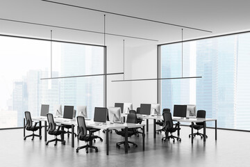 Modern open space office interior with minimalist design, rows of desks and chairs, large windows revealing cityscape, clean and professional look. 3D Rendering