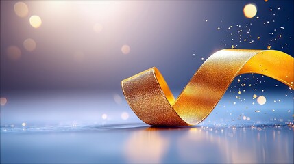 A close-up, low-angle shot of a shimmering golden ribbon with a textured surface, elegantly curved and flowing across a reflective blue surface. Tiny golden con